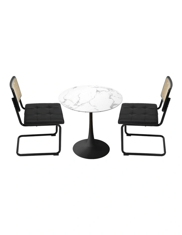 Oikiture 60cm Round Dining Table with 2PCS Dining Chairs PU Leather Black image 2