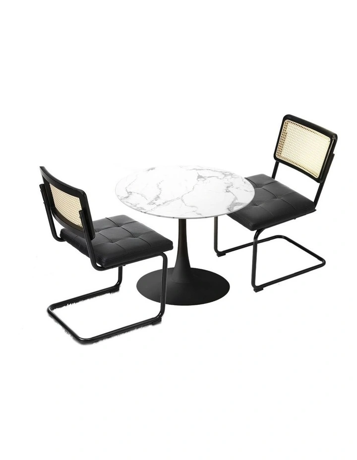Oikiture 60cm Round Dining Table with 2PCS Dining Chairs PU Leather Black image 3