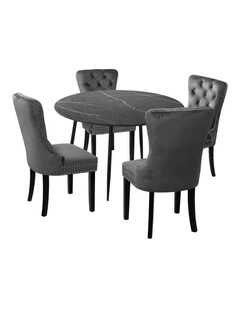 Oikiture 110cm Round Dining Table with 4PCS Dining Chairs Velvet Grey