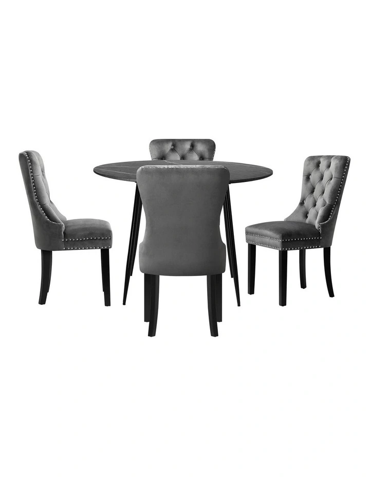 Oikiture 110cm Round Dining Table with 4PCS Dining Chairs Velvet Grey image 2