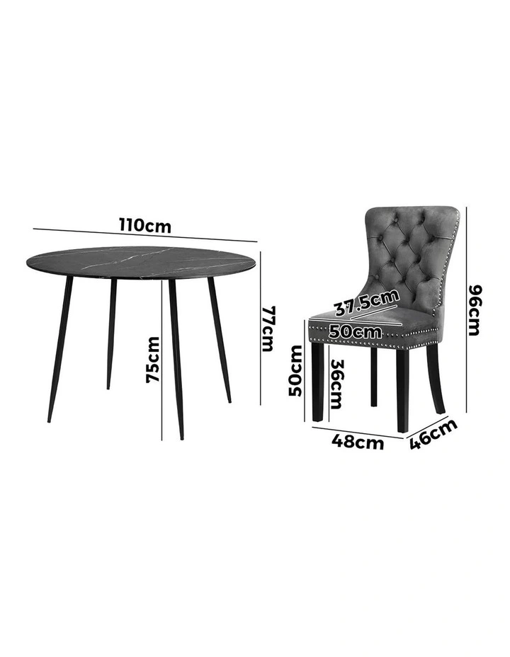 Oikiture 110cm Round Dining Table with 4PCS Dining Chairs Velvet Grey image 3