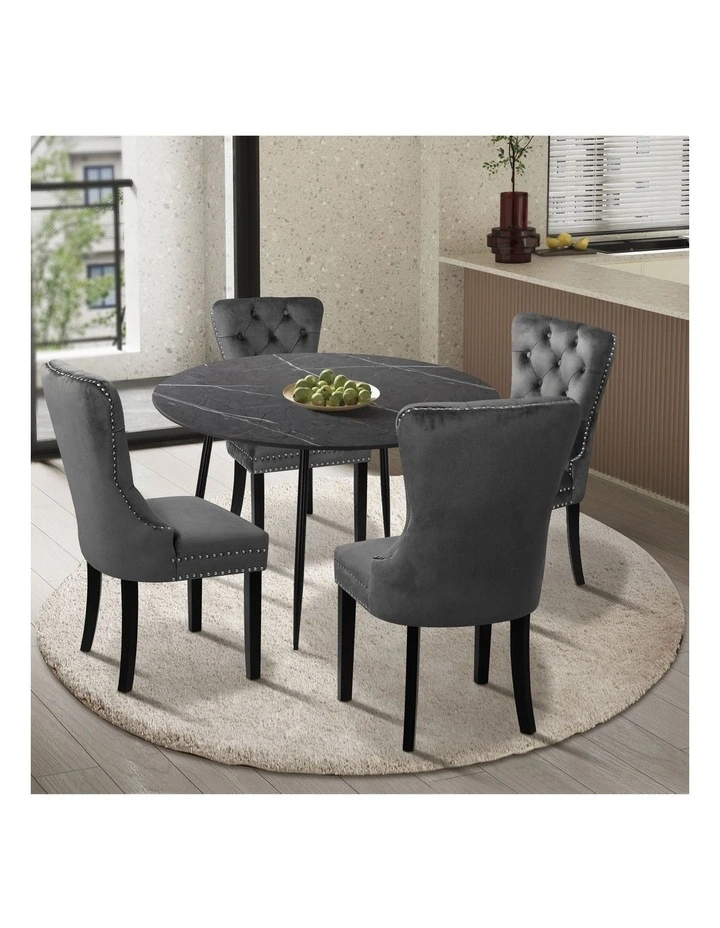 Oikiture 110cm Round Dining Table with 4PCS Dining Chairs Velvet Grey image 4