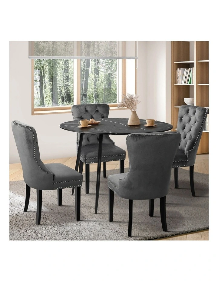Oikiture 110cm Round Dining Table with 4PCS Dining Chairs Velvet Grey image 5