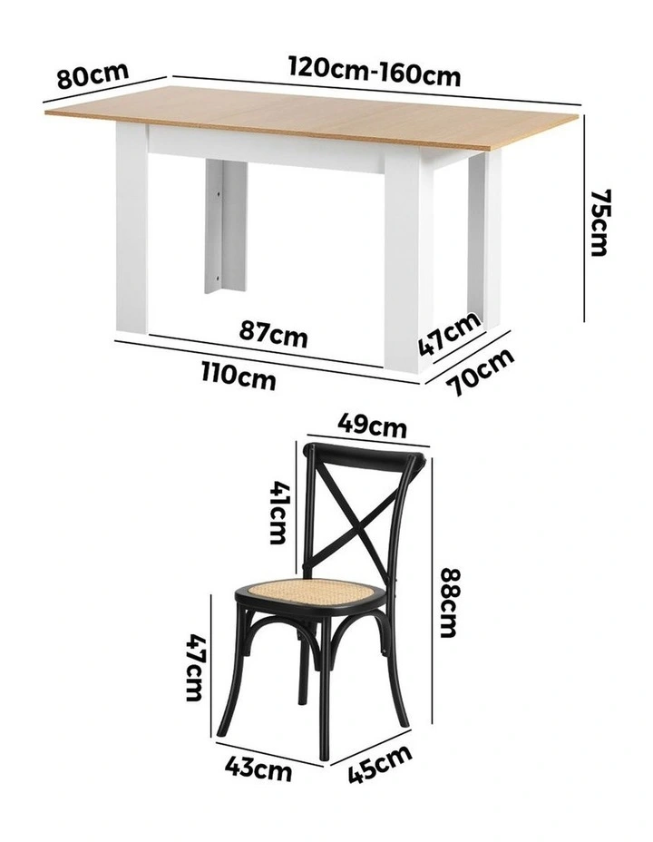 Oikiture 160cm Extendable Dining Table with 4PCS Dining Chairs Crossback Black image 3
