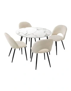 Oikiture 110cm Round Dining Table with 4PCS Dining Chairs White Sherpa