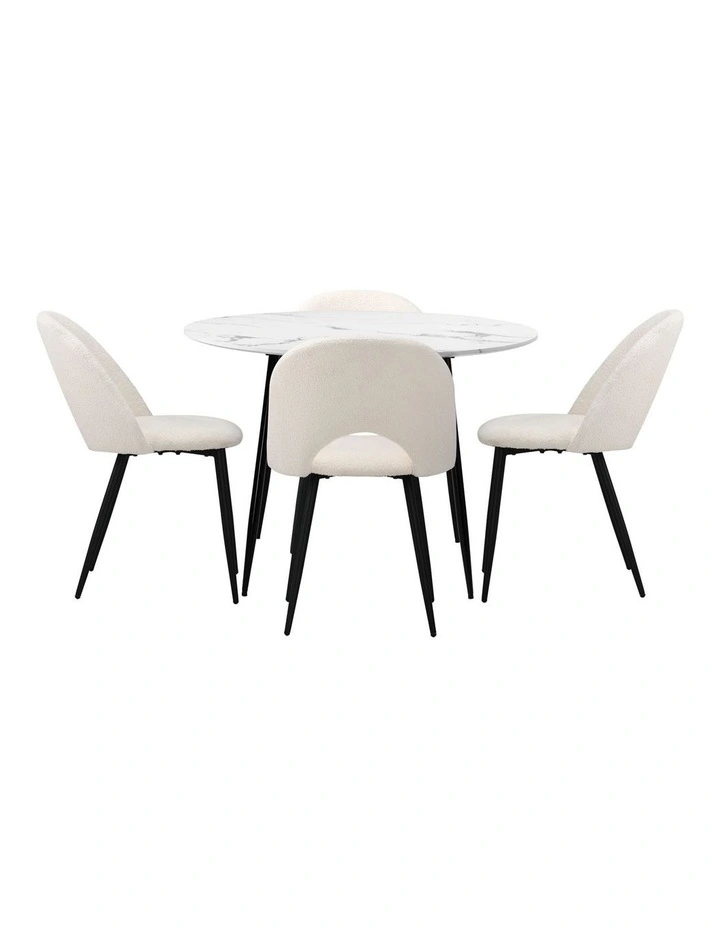 Oikiture 110cm Round Dining Table with 4PCS Dining Chairs White Sherpa image 2