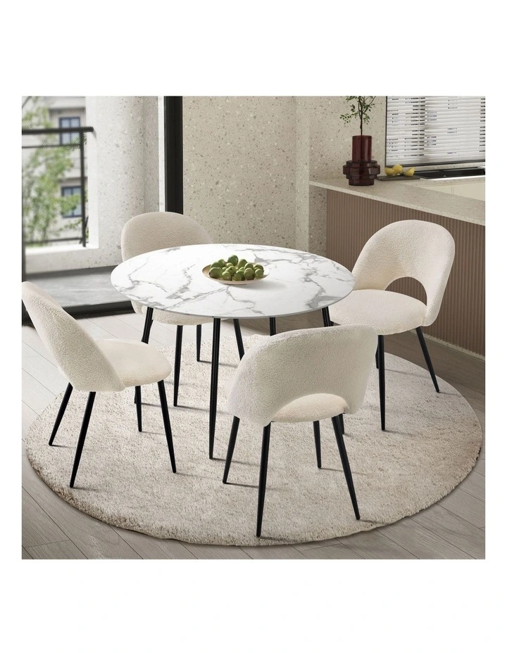Oikiture 110cm Round Dining Table with 4PCS Dining Chairs White Sherpa image 4