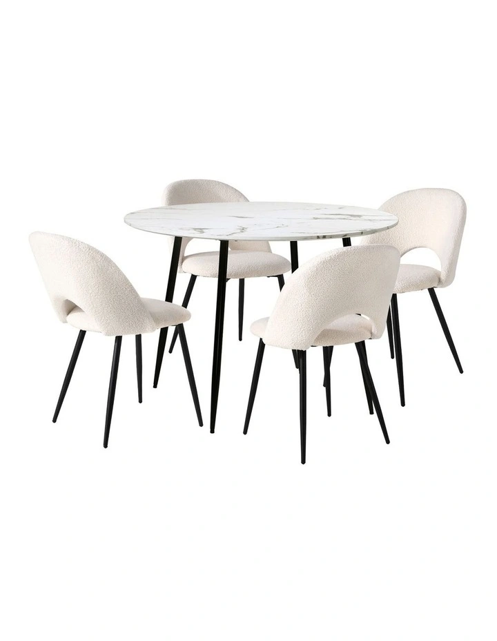 Oikiture 110cm Round Dining Table with 4PCS Dining Chairs White Sherpa image 6