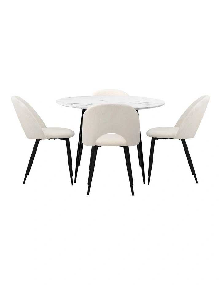 Oikiture 110cm Round Dining Table with 4PCS Dining Chairs White Sherpa image 7