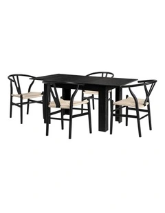 Oikiture 160cm Extendable Dining Table with 4x Hans Wegner Dining Chairs Black