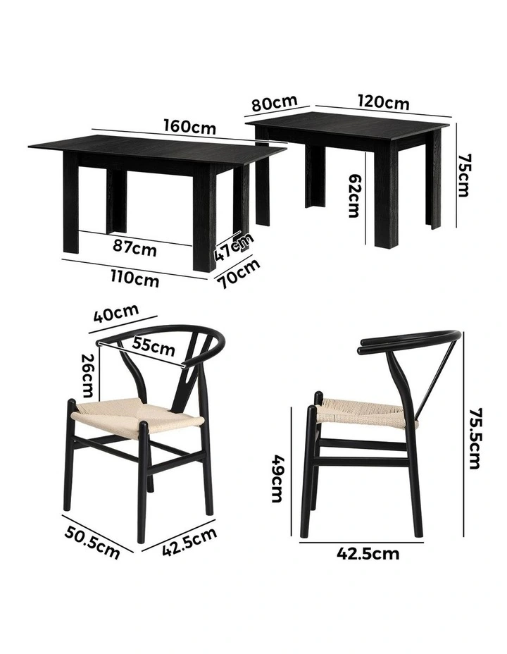 Oikiture 160cm Extendable Dining Table with 4x Hans Wegner Dining Chairs Black image 3
