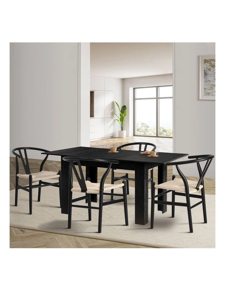 Oikiture 160cm Extendable Dining Table with 4x Hans Wegner Dining Chairs Black image 4