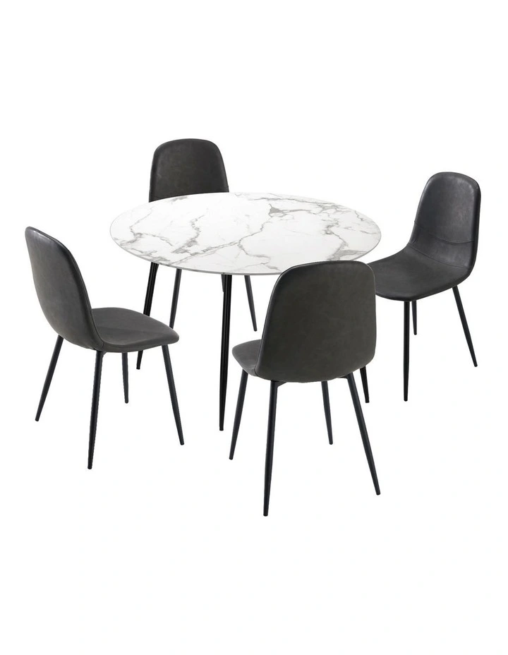 Oikiture 110cm Round Dining Table with 4PCS Dining Chairs PU Grey image 1