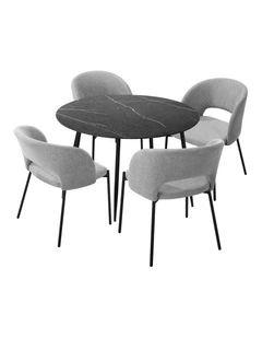 Oikiture 110cm Round Dining Table with 4PCS Dining Chairs Fabric Grey