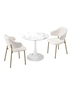 Oikiture 60cm Round Dining Table with 2x Dining Chairs Sherpa Gold&White