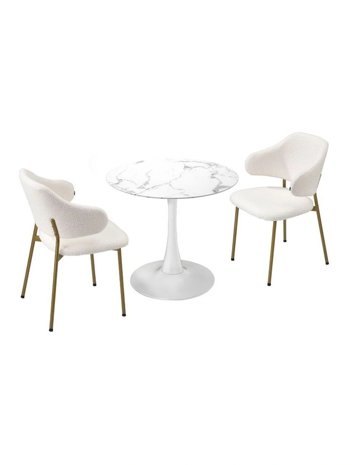 Oikiture 60cm Round Dining Table with 2x Dining Chairs Sherpa Gold&White image 1