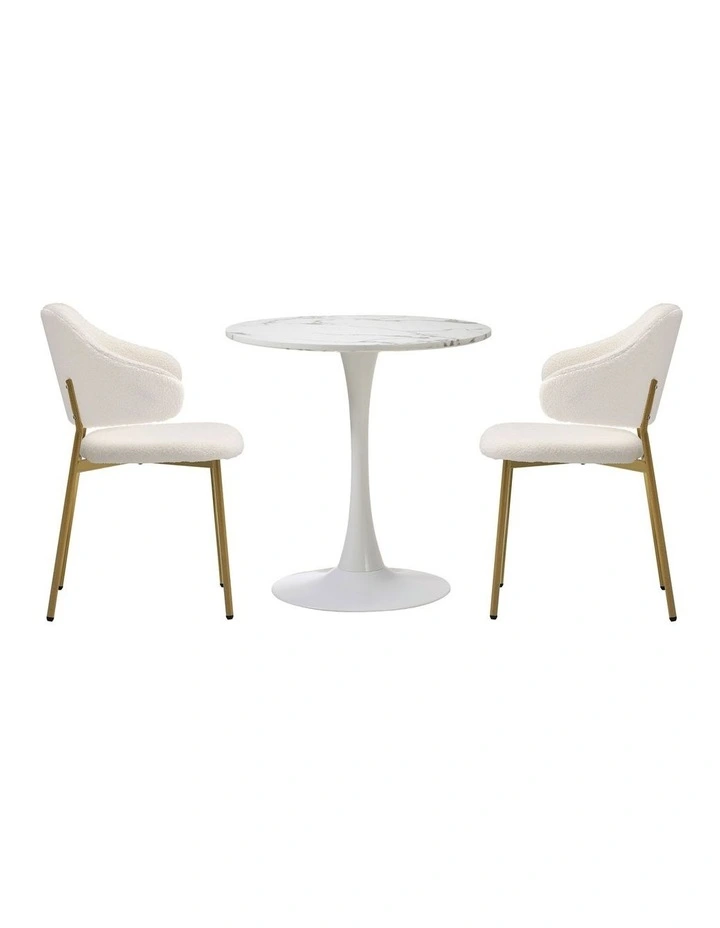 Oikiture 60cm Round Dining Table with 2x Dining Chairs Sherpa Gold&White image 2