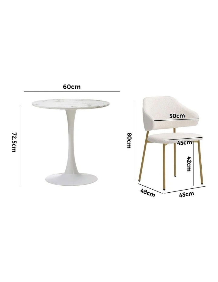 Oikiture 60cm Round Dining Table with 2x Dining Chairs Sherpa Gold&White image 3