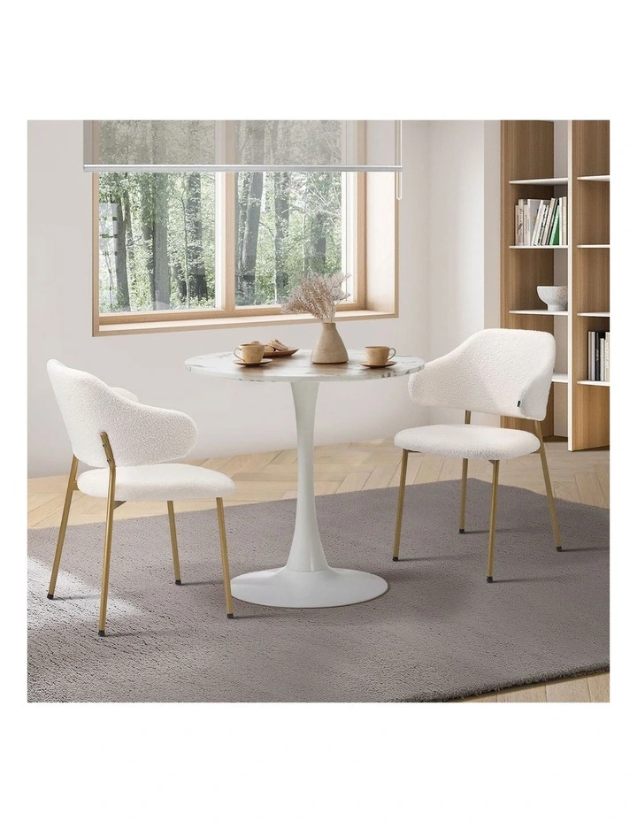 Oikiture 60cm Round Dining Table with 2x Dining Chairs Sherpa Gold&White image 5