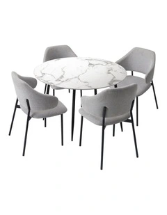 Oikiture 110cm Round Dining Table with 4PCS Dining Chairs Accent Fabric Grey