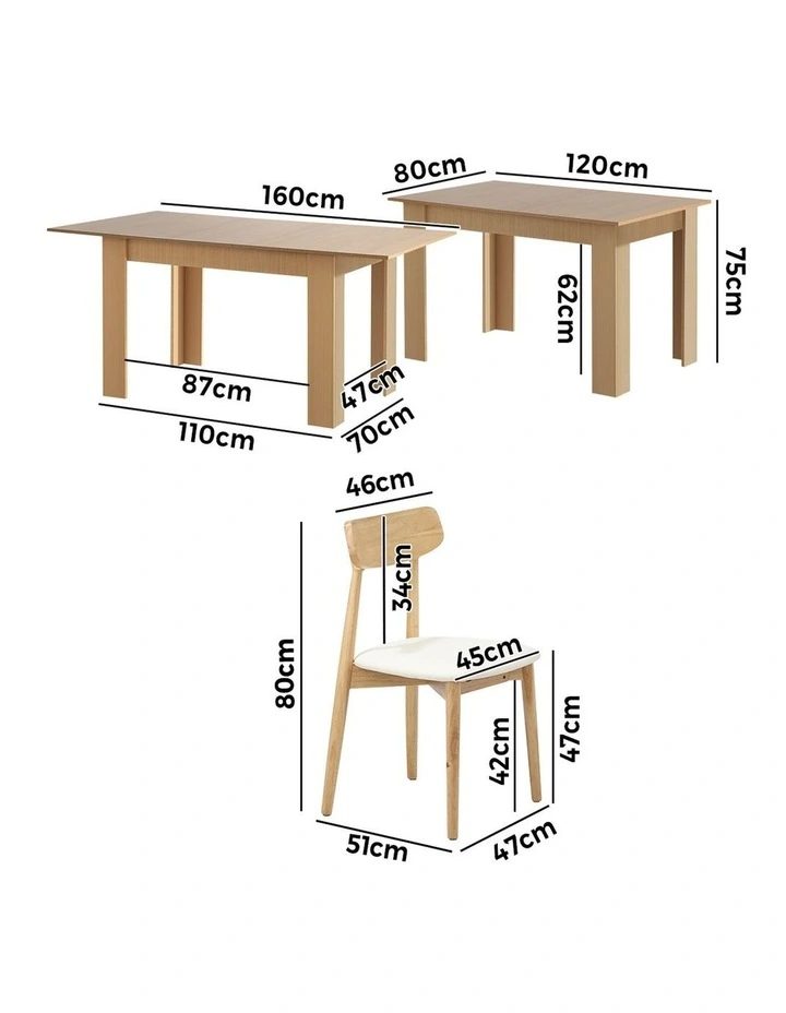Oikiture 160cm Extendable Dining Table with 4x Dining Chairs PU Leather Natural image 3