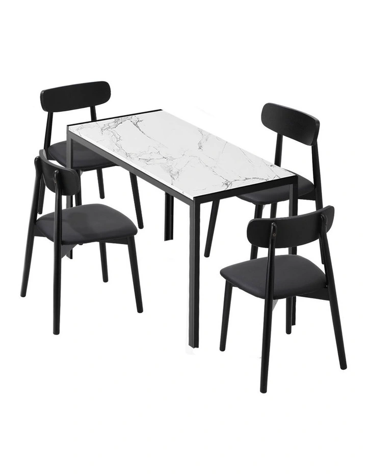 Oikiture 1.2m Dining Table Set with 4PCS Wooden Chairs PU Leather White & Black image 1