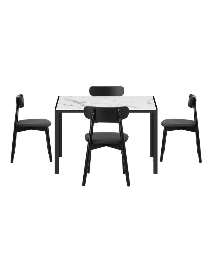 Oikiture 1.2m Dining Table Set with 4PCS Wooden Chairs PU Leather White & Black image 2