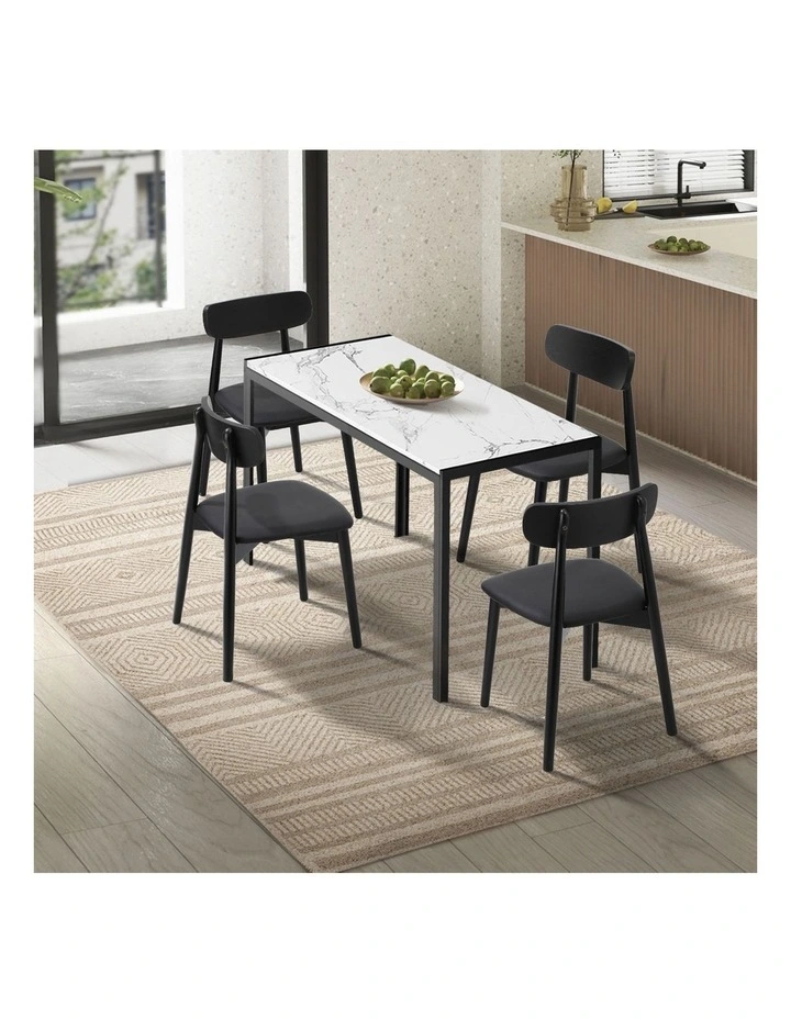 Oikiture 1.2m Dining Table Set with 4PCS Wooden Chairs PU Leather White & Black image 4