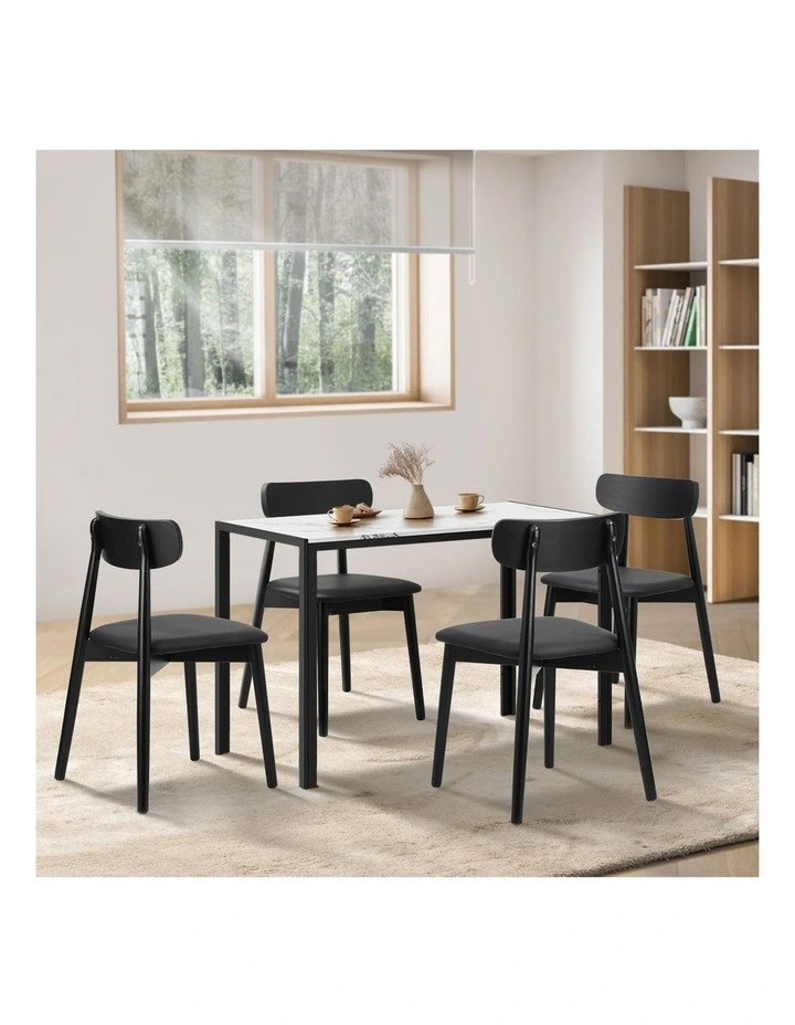 Oikiture 1.2m Dining Table Set with 4PCS Wooden Chairs PU Leather White & Black image 5