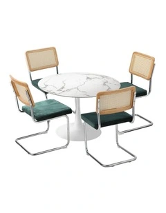 Oikiture 90cm Round Dining Table with 4PCS Dining Chairs Velvet White&Green