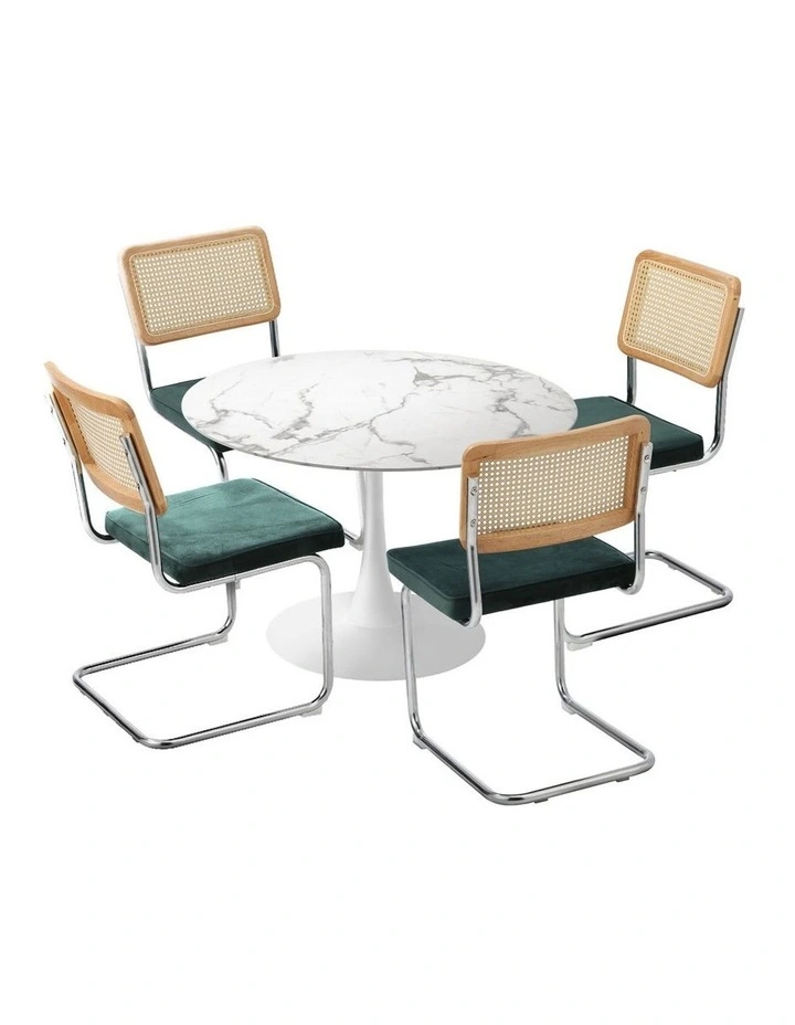 Oikiture 90cm Round Dining Table with 4PCS Dining Chairs Velvet White&Green image 1