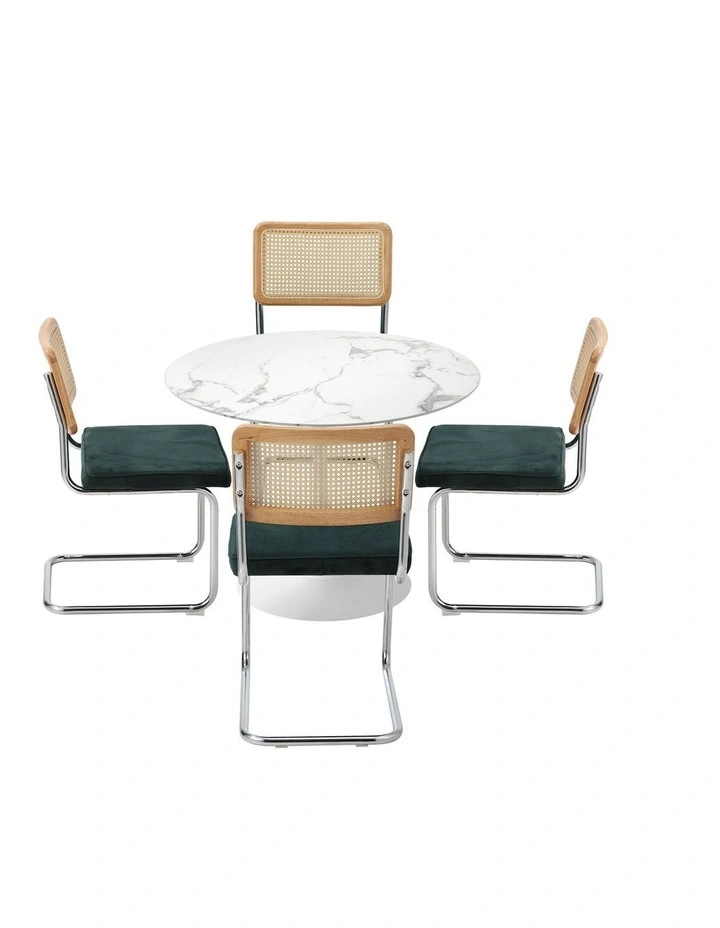 Oikiture 90cm Round Dining Table with 4PCS Dining Chairs Velvet White&Green image 2