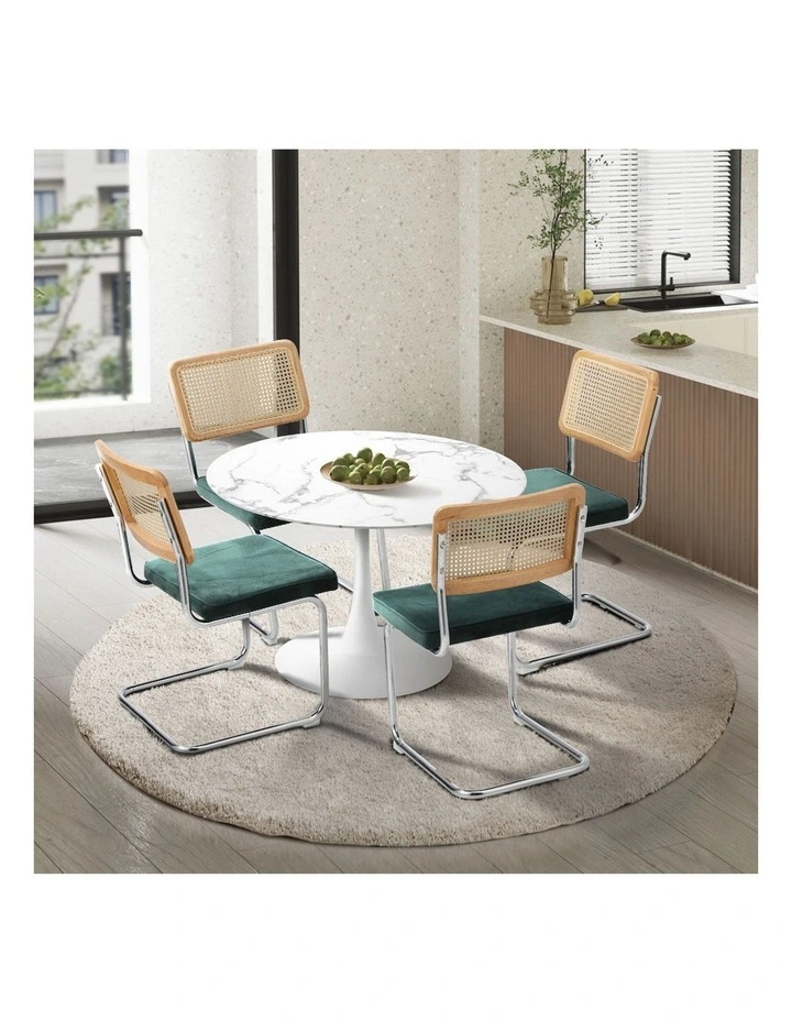 Oikiture 90cm Round Dining Table with 4PCS Dining Chairs Velvet White&Green image 4