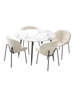Oikiture 110cm Round Dining Table and 4PCS Dining Chairs White Sherpa