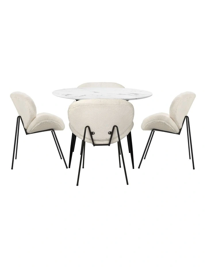 Oikiture 110cm Round Dining Table and 4PCS Dining Chairs White Sherpa image 2