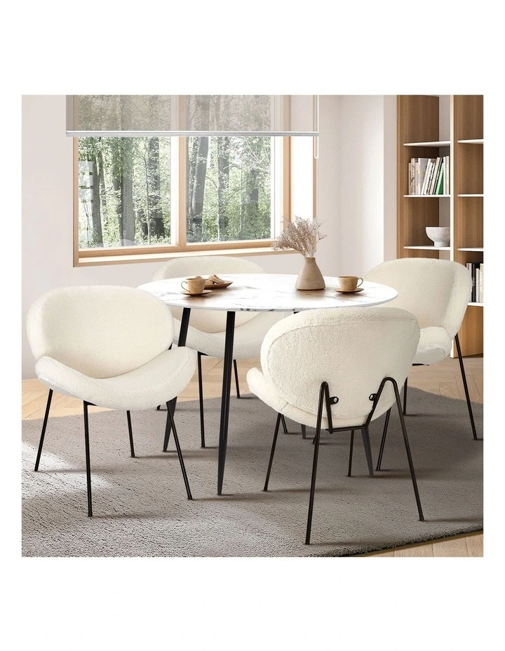 Oikiture 110cm Round Dining Table and 4PCS Dining Chairs White Sherpa image 5