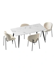 Oikiture 120cm Rectangle Dining Table and 4PCS Dining Chairs Sherpa White&Black