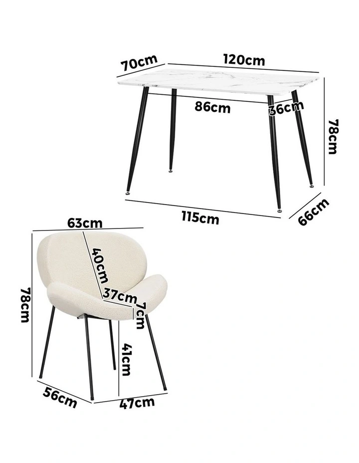 Oikiture 120cm Rectangle Dining Table and 4PCS Dining Chairs Sherpa White&Black image 3