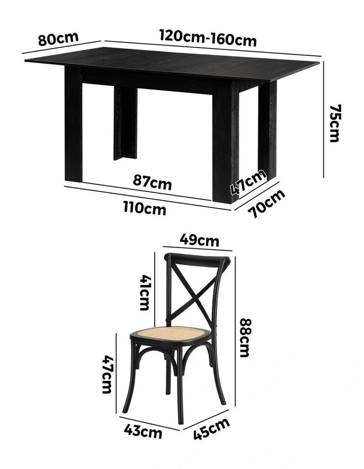 Oikiture 160cm Extendable Dining Table with 4PCS Dining Chairs Geometric Black image 3