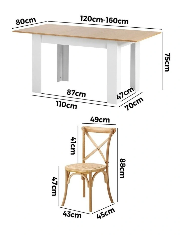 Oikiture 160cm Extendable Dining Table with 4PCS Dining Chairs Crossback Wooden image 3