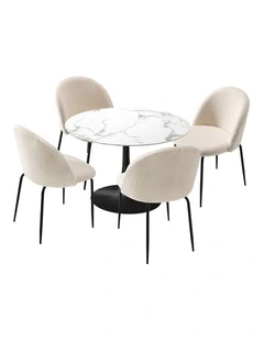 Oikiture 90cm Round Dining Table and 4PCS Dining Chairs Sherpa White