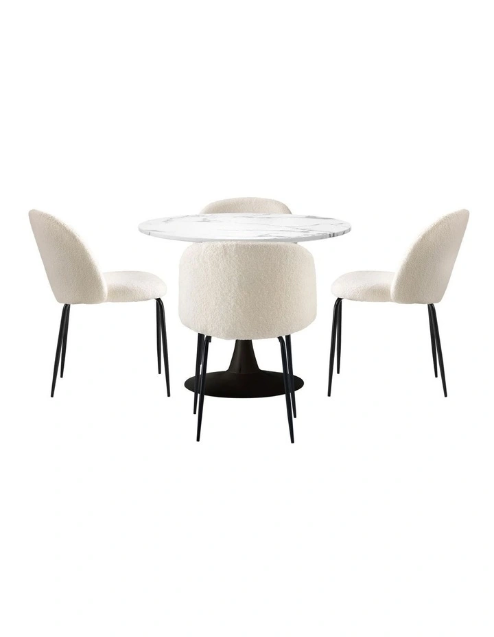 Oikiture 90cm Round Dining Table and 4PCS Dining Chairs Sherpa White image 2