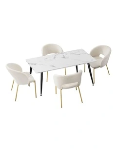 Oikiture 120cm Rectangle Dining Table with 4PCS Dining Chairs White Sherpa