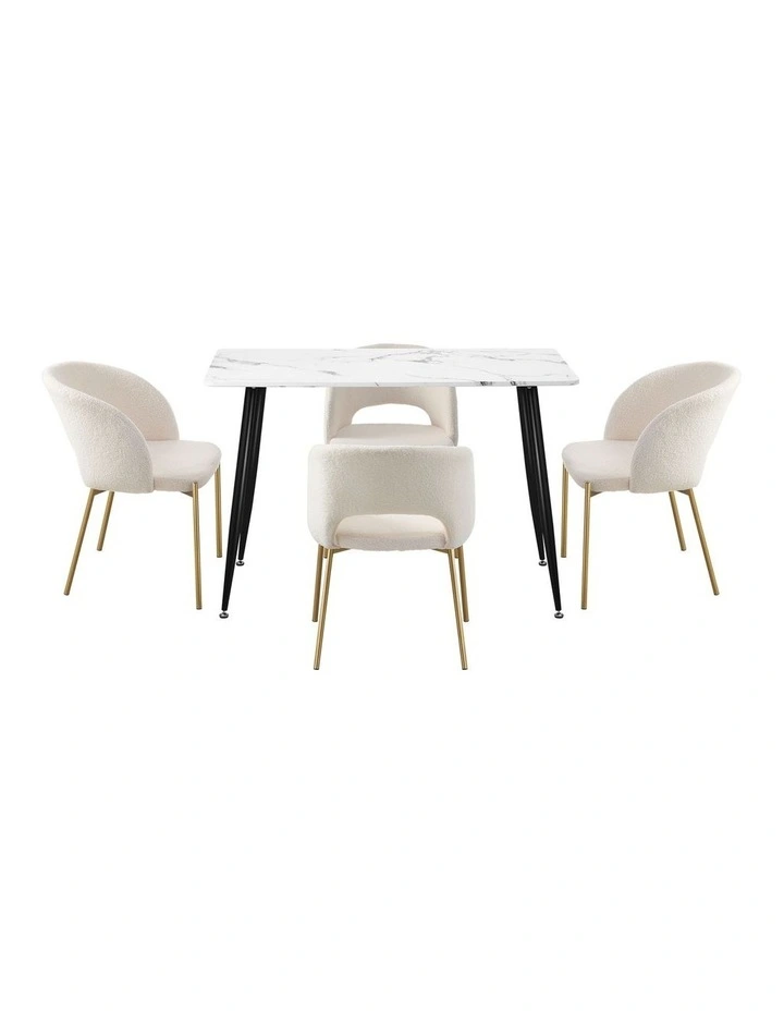 Oikiture 120cm Rectangle Dining Table with 4PCS Dining Chairs White Sherpa image 2