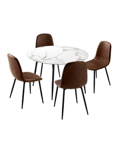 Oikiture 110cm Round Dining Table with 4PCS Dining Chairs PU Brown