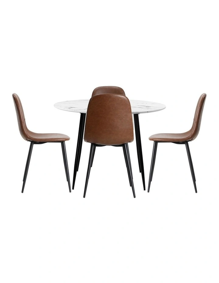 Oikiture 110cm Round Dining Table with 4PCS Dining Chairs PU Brown image 2