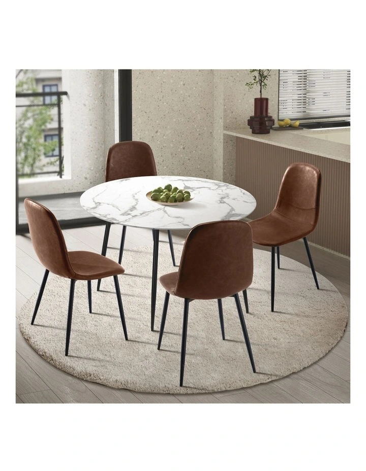 Oikiture 110cm Round Dining Table with 4PCS Dining Chairs PU Brown image 4