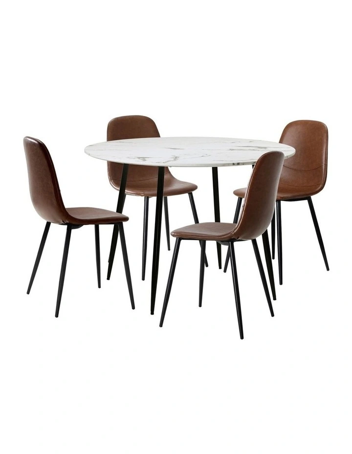 Oikiture 110cm Round Dining Table with 4PCS Dining Chairs PU Brown image 6