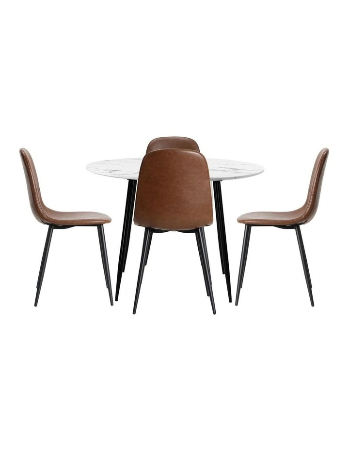 Oikiture 110cm Round Dining Table with 4PCS Dining Chairs PU Brown image 7