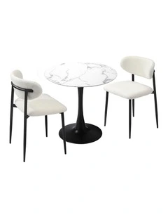 Oikiture 60cm Round Dining Table with 2x Dining Chairs Boucle White&Black
